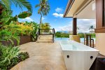 Outdoor cold plunge tub compliments this wellness retreat, providing numerous physical and mental benefits. Temperature set to a cool 50 degrees, but can be customized for guest preference.